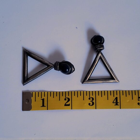 Vintage 80s ITALY Navy Blue Gunmetal Clip On Earrings geometric Triangle Large - Picture 6 of 7
